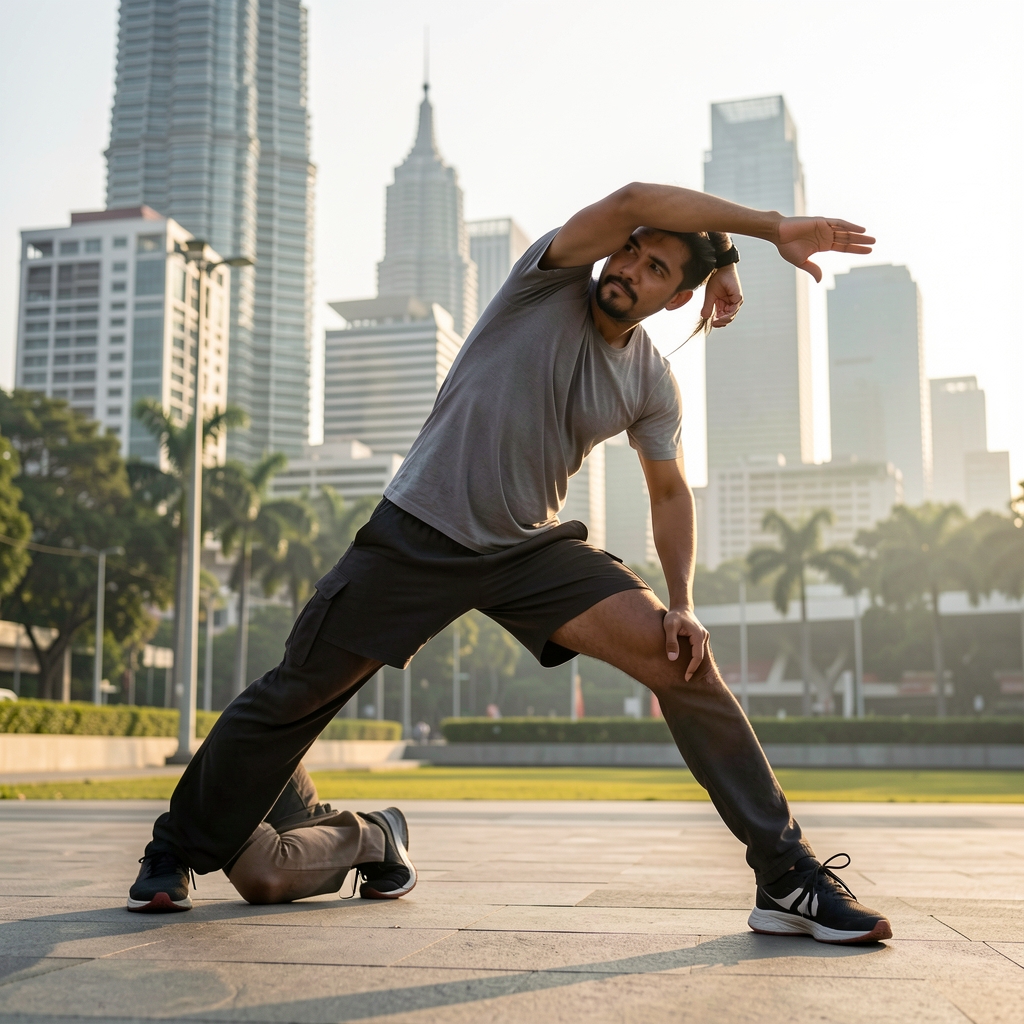 Man stretching outdoors in early morning daylight, Jakarta urban background, editorial sports photography