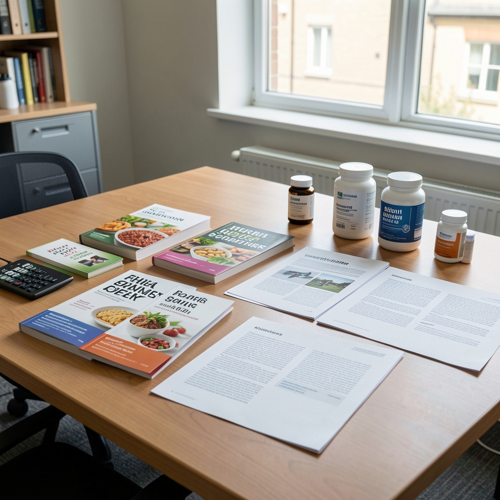 Editorial workspace with nutrition journals, published research papers, and supplement containers arranged on a wide desk, overhead editorial composition